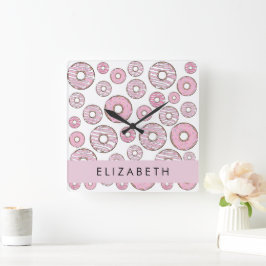 Muster von Donuts, rosa Donuts, Icing, Ihr Name Quadratische Wanduhr
