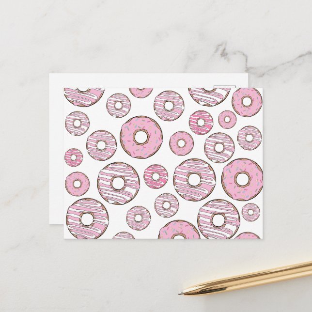 Muster von Donuts, rosa Donuts, Sprinklen Postkarte (Vorderseite/Rückseite Beispiel)