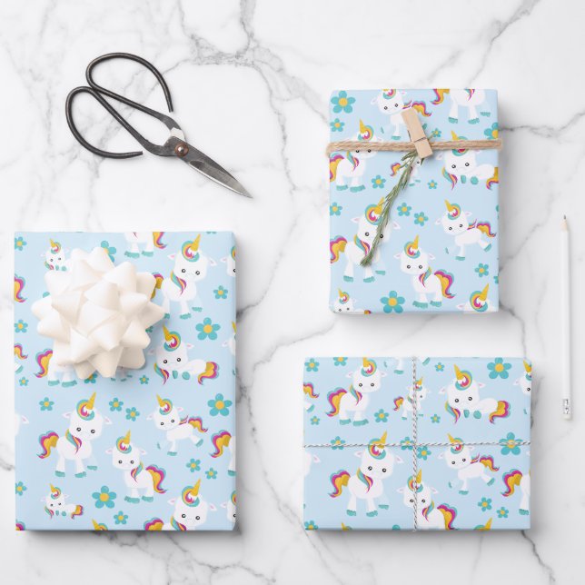 Muster von Einhörnern, Niedlichen Einhörnchen, Blu Geschenkpapier Set (Vorderseite)