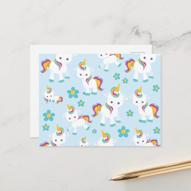 Muster von Einhörnern, Niedlichen Einhörnchen, Blu Postkarte (Vorderseite/Rückseite Beispiel)