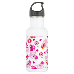 Muster von Eulen, Süße Eulen, Rosa Eulen, Herzen Edelstahlflasche