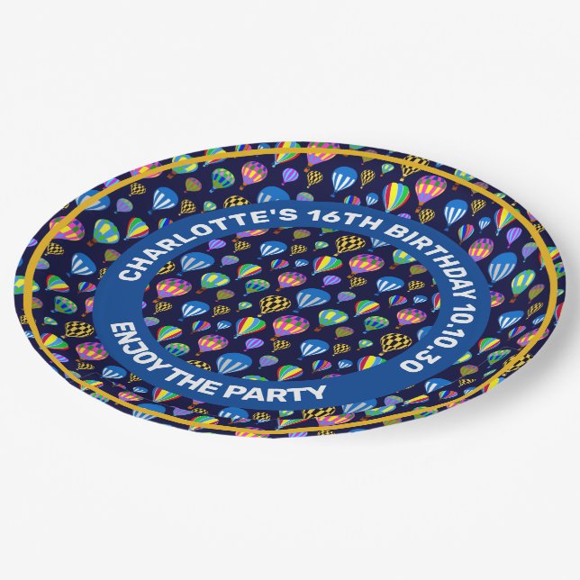Muster von Heißluftballons. Navy Blue Background Pappteller (Schrägansicht)