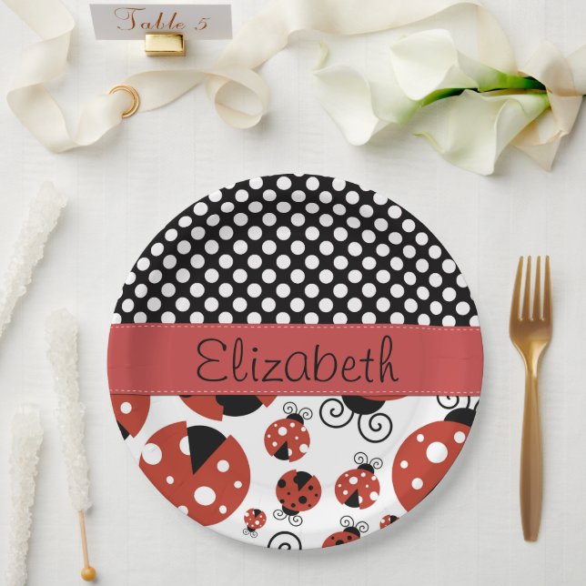Muster von Ladybugs, Polka Dots, Ihr Name Pappteller (Hochzeit)