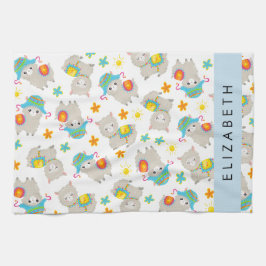 Muster von Llamas, Alpacas, Blume, Ihr Name Geschirrtuch