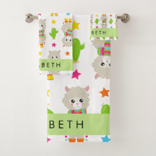 Muster von Llamas, Alpacas, Kaktus, Ihr Name Badhandtuch Set