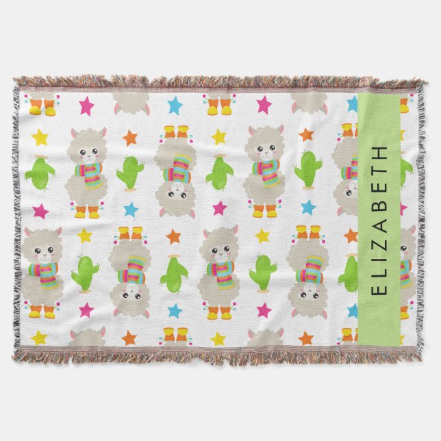 Muster von Llamas, Alpacas, Kaktus, Ihr Name Decke (Vorderseite)