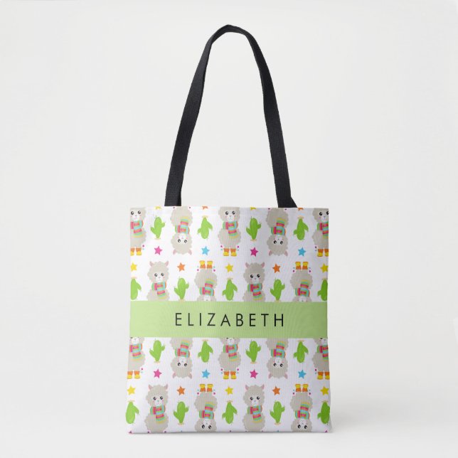 Muster von Llamas, Alpacas, Kaktus, Ihr Name Tasche (Vorderseite)