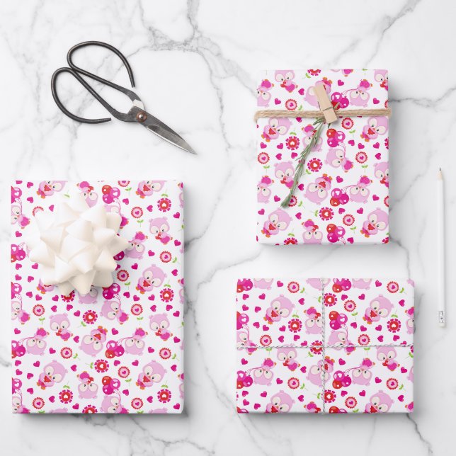 Muster von Ölen, Niedlichen Ölen, rosa Ölen, Herz Geschenkpapier Set (Vorderseite)