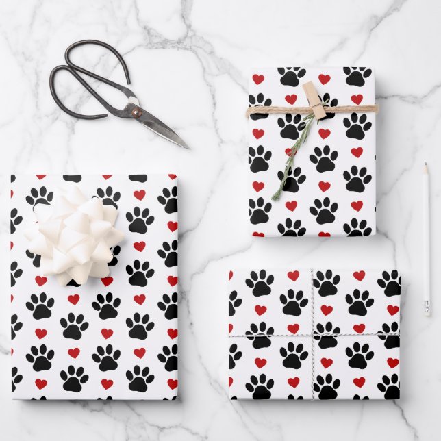 Muster von Paws, Hundepfägen, schwarzen Paws, rote Geschenkpapier Set (Vorderseite)