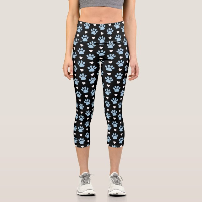 Muster von Paws, Hundeschäften, blauen Paws, weiße Capri Leggings (Vorderseite)