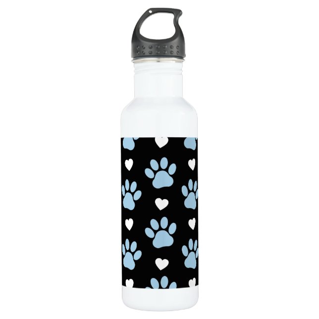 Muster von Paws, Hundeschäften, blauen Paws, weiße Edelstahlflasche (Vorderseite)