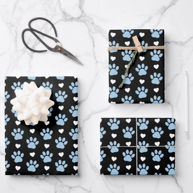 Muster von Paws, Hundeschäften, blauen Paws, weiße Geschenkpapier Set (Vorderseite)