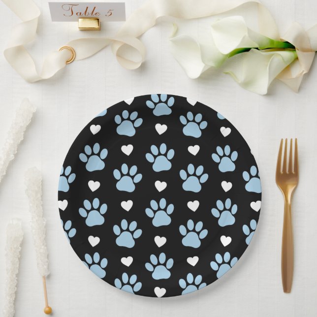 Muster von Paws, Hundeschäften, blauen Paws, weiße Pappteller (Hochzeit)