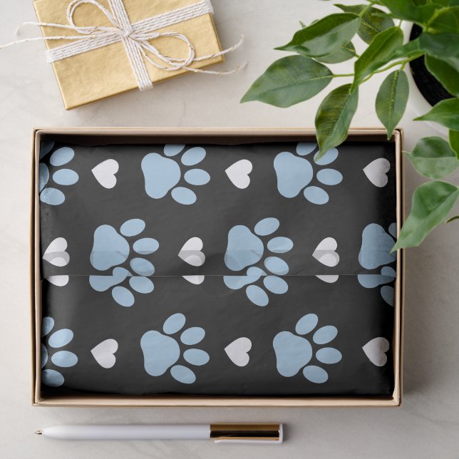 Muster von Paws, Hundeschäften, blauen Paws, weiße Seidenpapier (Geschenk)