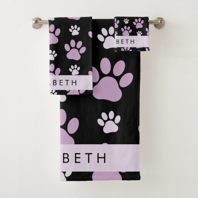 Muster von Paws, Lilac Paws, Dog Paws, Ihr Name Badhandtuch Set (Insitu)