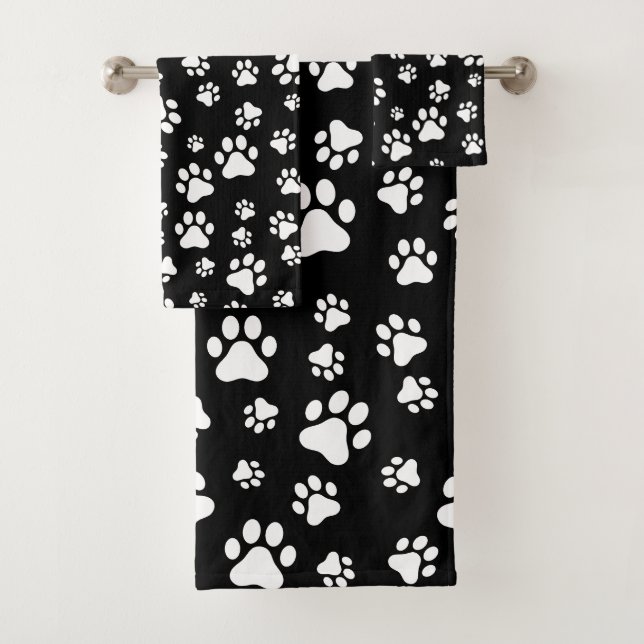 Muster von Paws, Paw Prints, Schwarz und Weiß Badhandtuch Set (Insitu)