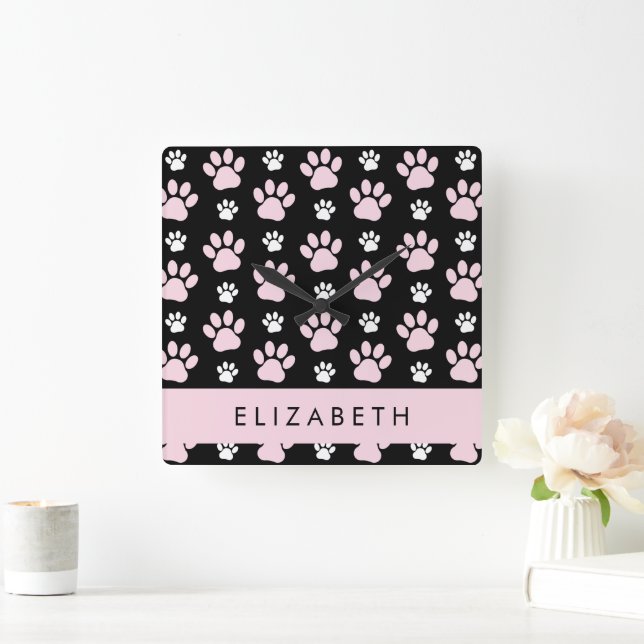 Muster von Paws, rosa Paws, Dog Paws, Ihr Name Quadratische Wanduhr (Zuhause)