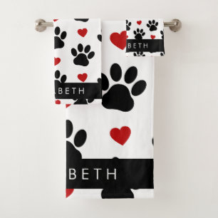 Muster von Paws, schwarzen Paws, roten Herzen, Ihr Badhandtuch Set