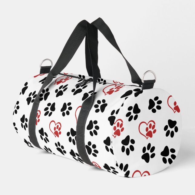 Muster von Paws, schwarzen Paws, roten Paws, Herz Duffle Bag (Linke Seite)