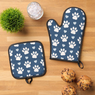 Muster von Pfähnen, Hundpfägen, weißen Pfoten, bla Ofenhandschuh & Topflappen-Set