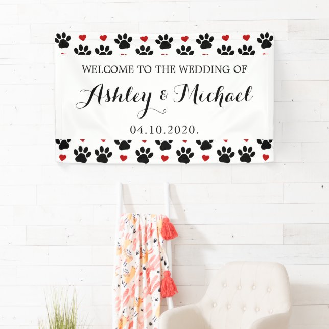 Muster von Pfoten, Hundeschäften, Herz, Hochzeit Banner (Insitu)