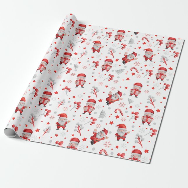Muster von Santas. Geschenke, Bäume auf Weiß Geschenkpapier (Ungerollt)
