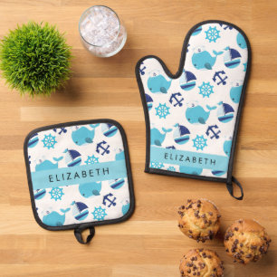 Muster von Walen, Blauen Walen, Ihr Name Ofenhandschuh & Topflappen-Set