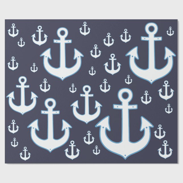 Muster weißer Anker auf marineblau Geschenkpapier (Flach)