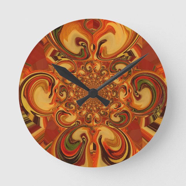Muster wirbeln: Farbtöne von Orange, Braun und Grü Runde Wanduhr (Vorderseite)