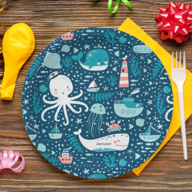 Musterjunge Navy Blue and White Nautical Ocean Pappteller (Von Creator hochgeladen)