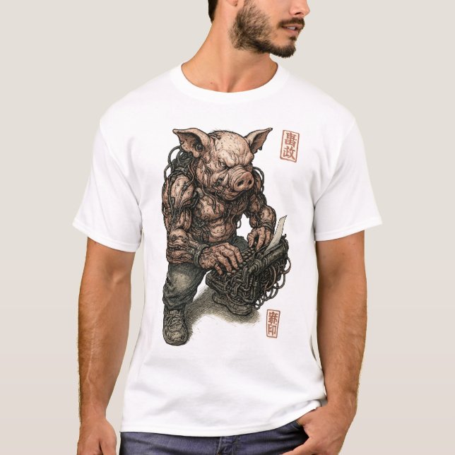 Mutant Pig Warrior - Cyberpunk Butcher mit Ketten T-Shirt (Vorderseite)
