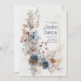 Mute Blue Folk Floral Wedding Einladung