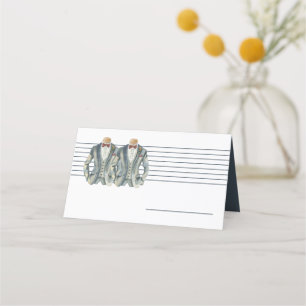 Mute Blue Two Grooms Anzug und Bow Krawatte Hochze Platzkarte