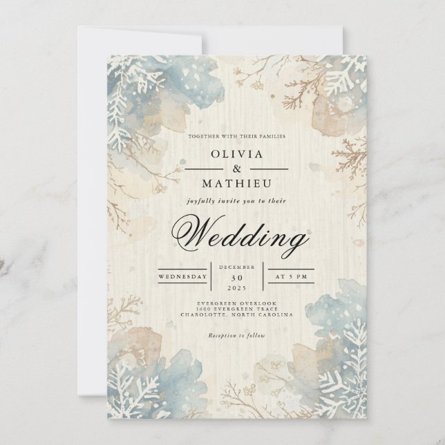 Mute Blue Winter Bloom Wedding Einladung (Vorderseite)