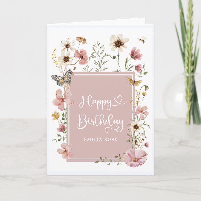 Mute Blush Wildblume Butterfly Happy Birthday Karte (Vorderseite)
