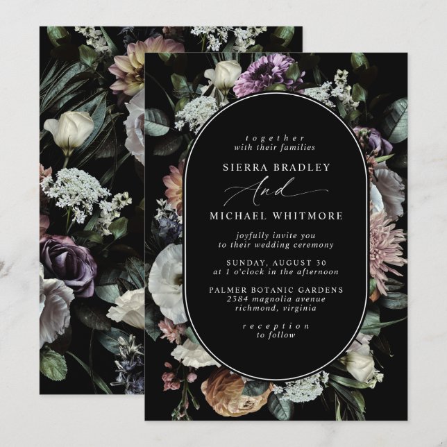 Mute Dark Floral | Elegant Black Moody Wedding Einladung (Vorne/Hinten)
