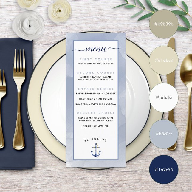 🌊 Mute Dusty Blue sogar \ Wasserfarbe Strand Hoch Menükarte (🌊Muted Dusty Blue Even \ Watercolor Beach Wedding Menu
)