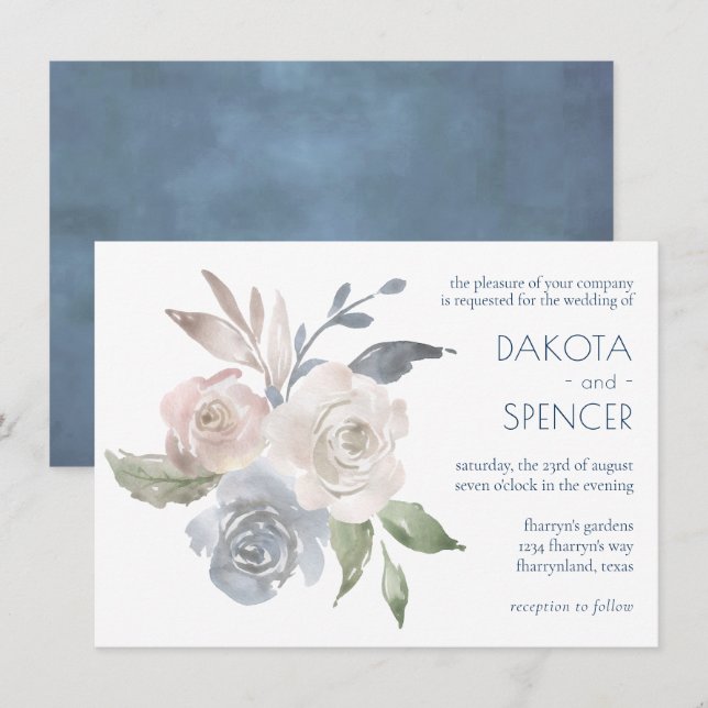 Mute Floral Bouquet | Blue Cream Pink Wedding Einladung (Vorne/Hinten)