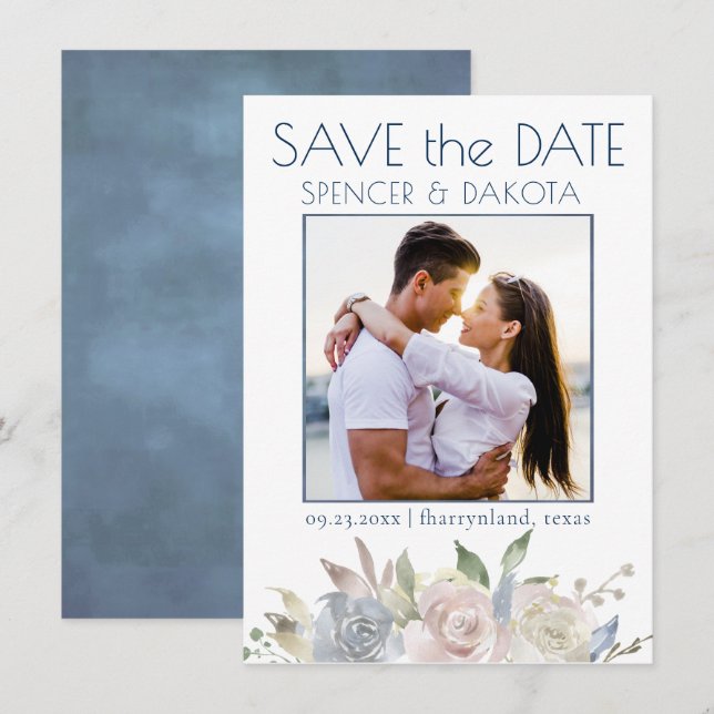 Mute Floral Garland | Blau-Gelb-Rosa-Foto Save The Date (Vorne/Hinten)
