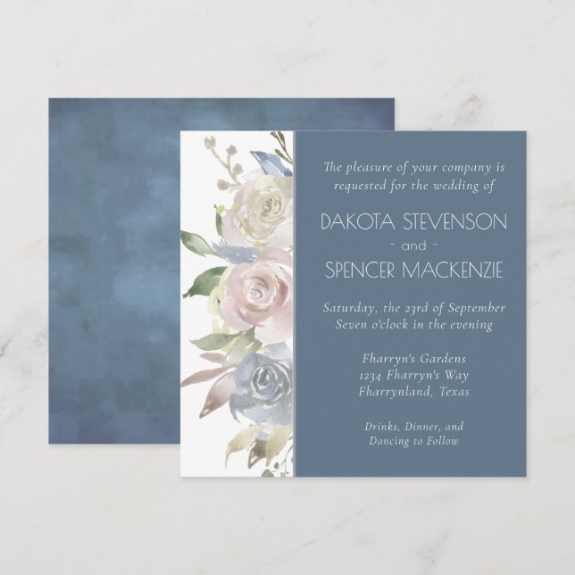Mute Floral Garland | Pastel Blue Cream Wedding Einladung (Vorne/Hinten)