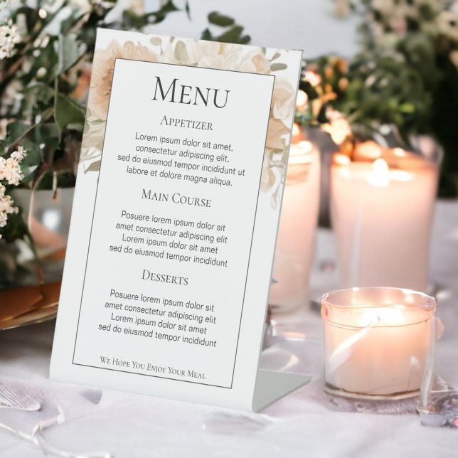 Mute Peach Blume Personalisierte Hochzeitmenü Sockelschild (Muted Peach Flowers Personalized Wedding Menu Pedestal Sign from Ricaso)