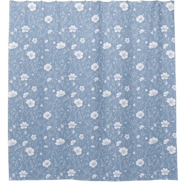 Muted Blue And White Wildflower Pattern Duschvorhang (Vorderseite)