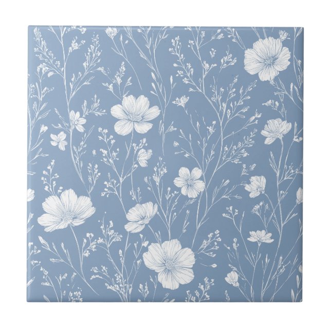 Muted Blue And White Wildflower Pattern Fliese (Vorderseite)