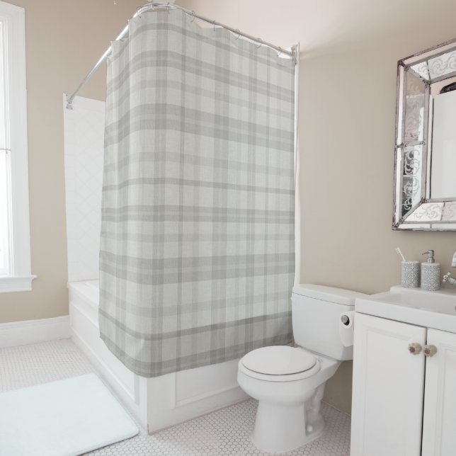 Muted Farmhouse Gray Plaid w/ Linen Texture Duschvorhang (Beispiel)