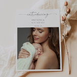 Muted Gray Minimalist Photo Baby Announcement Card Einladung<br><div class="desc">Announce the arrival of your bundle of joy with this muted gray minimalist photo baby announcement card. The design offers a clean white timeless layout to display your newborn's first portrait, names and birthdate. The style calligraphy script adds a fantastic look to the template. Whether you’re welcoming a baby girl...</div>