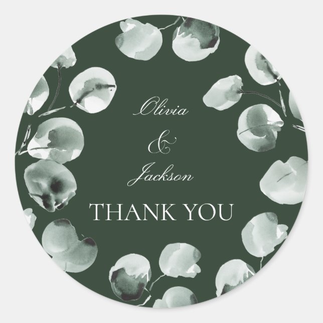 Muted Green Eucalyptus Scripted Modern Thank you Runder Aufkleber (Vorderseite)