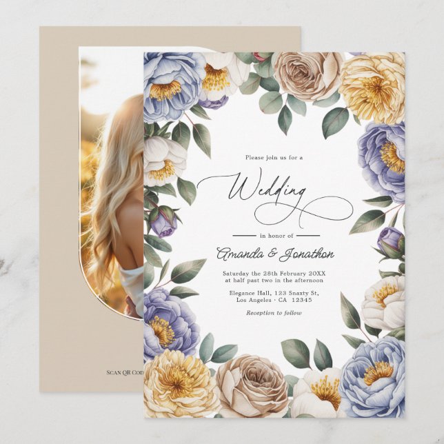 Muted Periwinkle, Buttercream, and Greige Wedding Einladung (Vorne/Hinten)