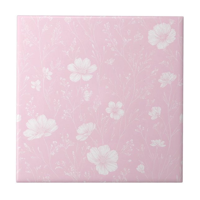 Muted Pink And White Wildflower Pattern Fliese (Vorderseite)