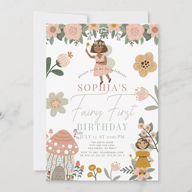 Muted Pink Floral Dark Skin Fairy First Birthday Einladung (Vorderseite)