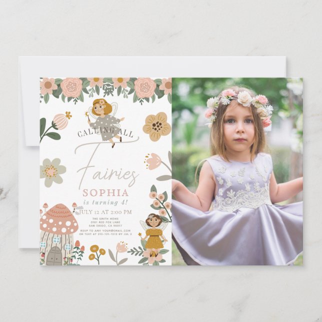 Muted Pink Floral Fairy Girl Birthday Photo Einladung (Vorderseite)